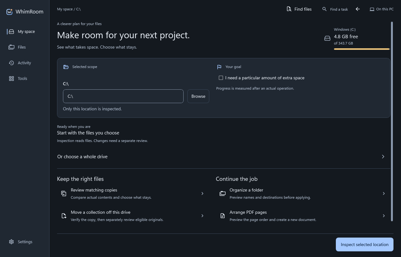 WhimRoom on Windows showing a selected drive and actions to inspect space, review matching copies and organize a folder